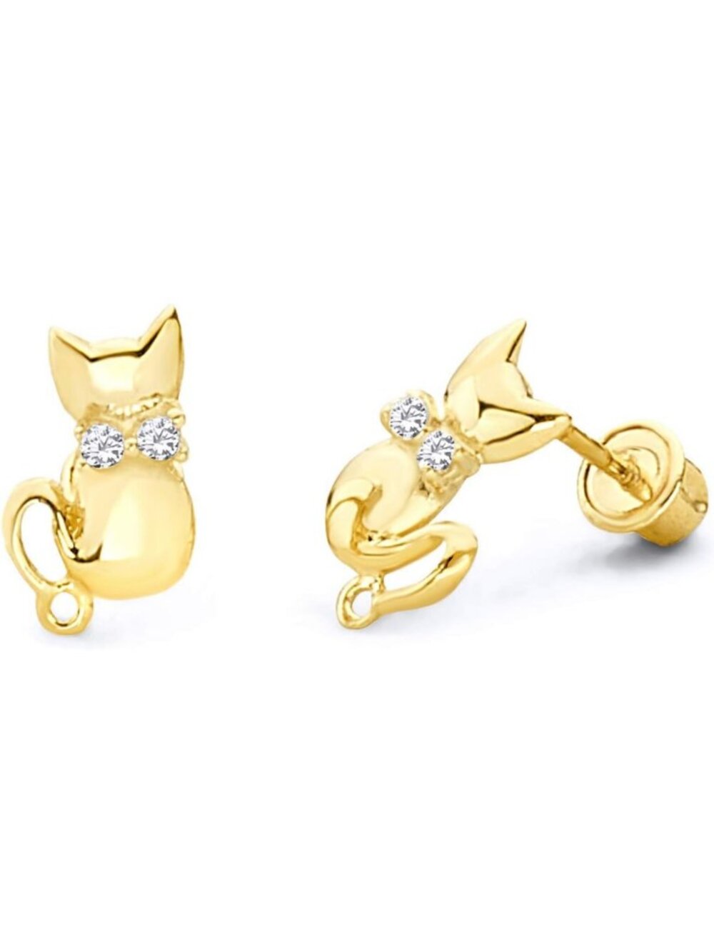14k Yellow Gold Cat Stud Earrings, Screw Back, Cute Animal Jewelry, Gift Idea